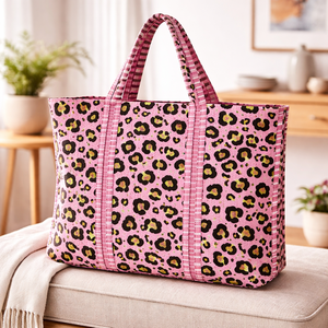 Pink Leopard Print Cotton Tote Bag Large Capacity Reusable Shopping Bag Eco Friendly Women Shoulder Handbag Wholesale - Product Image 1