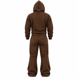 Unisex <b>Brown</b> Full Zip Hooded Tracksuit <b>Set</b> Solid Color Casual Sweatpants With Side Pockets Autumn Wear Regular Fit - Product Image 3
