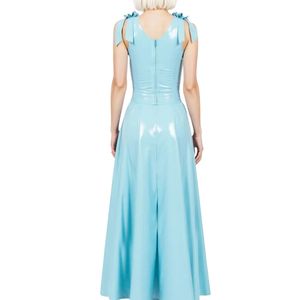Light Blue PU Maxi Dress V-Neck Sleeveless A-Line Pleated Fitted Solid Color Party Wear Summer - Product Image 4