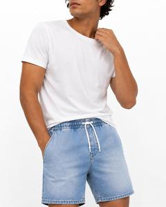 Shorts Bermuda en jean bleu clair pour homme, taille mi-haute, avec cordon de serrage, décontracté, couleur unie, en coton tissé, respirant, infroissable, séchage rapide - Product Image 3