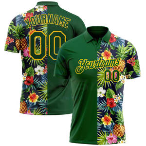 Custom Green Yellow 3D <b>Tropical</b> Pattern Performance Golf Polo <b>Shirt</b> Pineapples Palm Leaves & Floral Design - Product Image 1