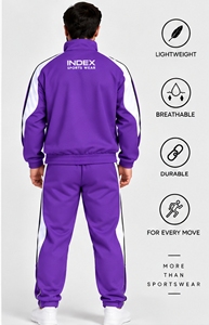 INDEX Men's Purple <b>Tracksuit</b> Full Zip Sporty Style With <b>White</b> Stripes Regular Fit Autumn Wear Breathable Polyester - Product Image 2