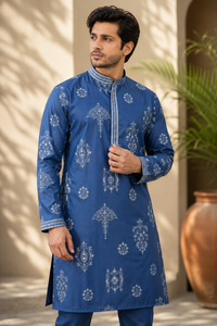 Mens Ethnic Blue Printed Cotton Kurta Pajama <b>Set</b> Embroidered Neck Indian Traditional Festival Outfit Wholesale Supplier B2B - Product Image 3
