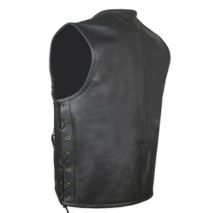 Men's <b>Black</b> Genuine Leather Moto <b>Vest</b> Stand Collar Zipper Closure Side Lacing Autumn Outerwear - Product Image 5