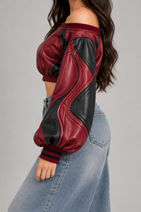 Women Burgundy PU <b>Leather</b> Blouson Jacket With Puff Sleeves Contrast Color Block <b>Short</b> Crop Top Autumn Style - Product Image 3