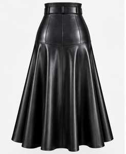 <b>Women's</b> High Black Waist <b>Leather</b> A-Line Midi <b>Skirt</b> With Button Front And Belt - Product Image 2
