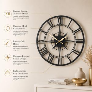 Empire Compass Black Metal Roman Wall Clock 15 Inch Luxury Compass Inspired Decorative Wall Clock with Gold Hands Modern Quartz - Product Image 6