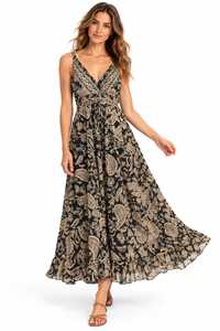 Wholesale Boho Paisley <b>Silk</b> Maxi <b>Dress</b> Women V Neck Backless A Line <b>Summer</b> Beach Vacation <b>Dress</b> - Product Image 3