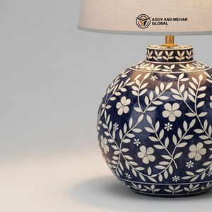 Lámpara de Mesa Artesanal con Incrustaciones de Hueso Azul y Patrón Floral, Lámpara Decorativa de Lujo para Mesita de Noche con Pantalla de Tela para Hogar y Hotel - Product Image 5