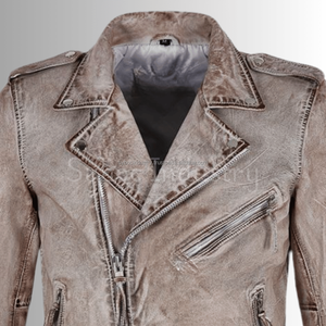 Blouson de motard vintage en cuir vieilli pour homme, col rabattu, fermeture éclair, coupe ajustée, style moto, pour l'automne - Product Image 2