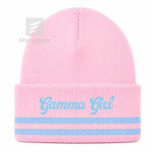 Custom Gamma Phi Delta Sorority Knit <b>Beanie</b> Sky <b>blue</b> and pink Casual Style embroidered logo with stripes for female - Product Image 1