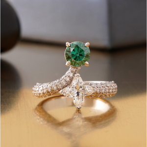 Fancy Vivid Green Lab Grown Diamond <b>Ring</b> 14K <b>Gold</b> Inlay Trendy <b>Cocktail</b> Statement Fine Jewelry for Weddings - Product Image 1