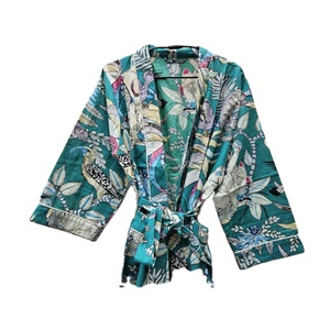 Peignoir Kimono en Voile de Coton 100% Élégant Femme Vert Imprimé Floral Décontracté Eté Vêtements de Plage Beige Taille Élastique Thermique Lisse - Product Image 4