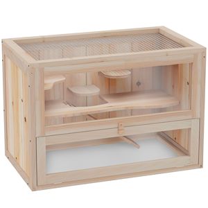 Habitat di criceto a 2 livelli con struttura in legno di abete apribile con porta anteriore e scala stabile in legno di piccole dimensioni forniture per animali - Product Image 1