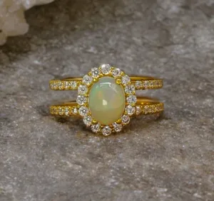 Ethiopian <b>Opal</b> & CZ Diamond 14k Solid Gold Plated Minimalist Wedding <b>Ring</b> - Product Image 5
