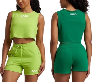 ชุดเซ็ต 2 ชิ้นสำหรับผู้หญิง ชุดลำลองฤดูร้อน เสื้อครอปแขนกุด กางเกงขาสั้นวิ่งออกกำลังกาย ชุดกีฬา ชุดออกกำลังกาย - Product Image 1