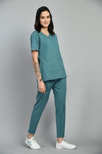 Women's Custom Logo Eco-Friendly <b>Scrub</b> <b>Set</b> V-Neck Knitted Polyester Rayon Spandex Uniform Pantsuit Hospital Use Drawstring Waist - Product Image 2