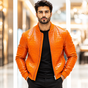 Blouson Bomber en Cuir Gaufré Croco pour Homme LEATHER SPOT – Décontracté, Respirant, Col Rabattu, Fermeture Éclair, Motif à Carreaux, Coupe Classique - Product Image 4