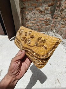Hoorain Gem Handmade Beaded <b>Clutch</b> Rectangular Shape Flower Pattern <b>Gold</b> Color Party Use Luxury Feel - Product Image 3