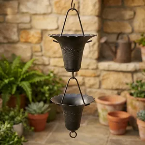 Chaîne de pluie décorative en aluminium noir martelé pour gouttière de jardin et drainage de l'eau - Product Image 4