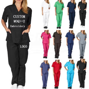 Meilleures ventes : Ensemble d'uniformes médicaux personnalisés en tissu éponge pour infirmières, col en V, manches courtes, pantalon droit, 2 pièces, unisexe, haute qualité - Product Image 1