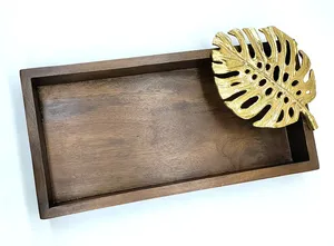 Plateau de décoration moderne pour la maison, plateau de table basse de luxe, plateau organisateur en bois, plateau de service avec accent feuille métallique - Product Image 5