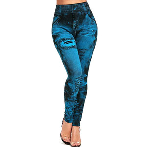 High Waist Printed Denim <b>Leggings</b> Full Length Skinny Stretch Women's Pants Blue Ripped Style All Seasons Wear - Product Image 1