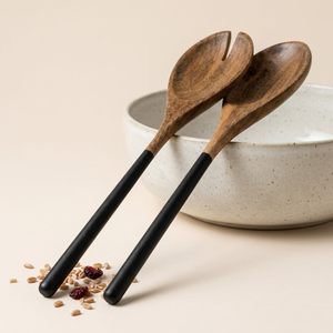 Handcrafted Mango Wood <b>Salad</b> Server Set of 2 with Modern Matte Black Handle Eco-Friendly Wooden Serving Spoons for Home & Hotel - Product Image 1