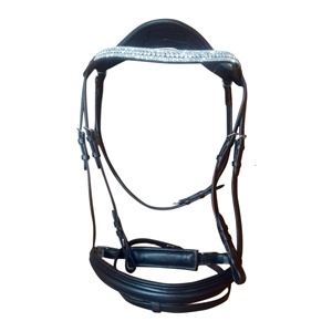 Bride de cheval en cuir roulé italienne importée de qualité supérieure équine avec fronces roulées et équipement pour cheval à muserolle en cuir verni - Product Image 2