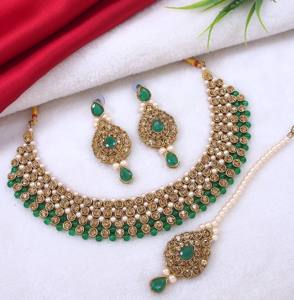 Indian Antique Gold Plated Zircon Red <b>Pearl</b> Beads Jewelry Set <b>Choker</b> Necklace Earrings Maang Tikka Traditional Wedding Party - Product Image 1