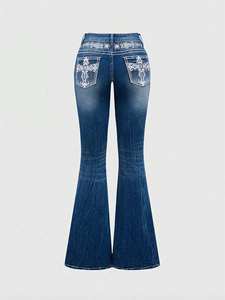 Pantalones Vaqueros Acampanados Personalizados Muzamin para Mujer, Poliéster/Algodón, Secado Rápido y Transpirables, Estilo Vintage, Largos - Product Image 2