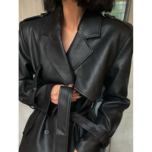 Gabardina de Cuero Sintético para Mujer, Chaqueta Elegante con Cuello Solapa, Prenda Exterior Estilosa para Otoño e Invierno, Moda Urbana - Product Image 3