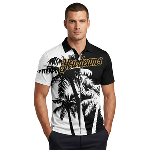 Polo pour homme noir et blanc imprimé, manches courtes, décontracté, respirant, en polyester tricoté, logo sur le devant - Product Image 2