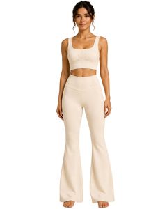 Manufacturer Customized Beige Women <b>Flared</b> Yoga Set Embroidered Sports Bra And High Waist Bell Bottom <b>Leggings</b> Activewear Set - Product Image 1