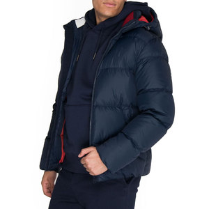 Men's Navy Blue Eco-friendly <b>Fleece</b> Lined Hooded Puffer <b>Jacket</b> Zipper Closure Windproof Winter Coat Casual Outdoor Wear <b>Thick</b> - Product Image 1