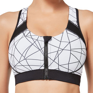 Soutien-gorge de sport respirant à maintien élevé pour femme, en Spandex/Polyester uni, sans couture, dos nageur, avec fermeture éclair frontale et détails en cristal - Product Image 1