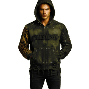 Sudadera con capucha verde oliva personalizada al por mayor con estampado de leopardo, mangas con tachuelas, parches rasgados, cremallera, estilo vintage urbano para hombres y mujeres - Product Image 4