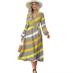 Custom Hawaiian Print Midi Dress Long Sleeve V Neck <b>Wrap</b> Dress Loose Fit Casual Women Dress - Product Image 3