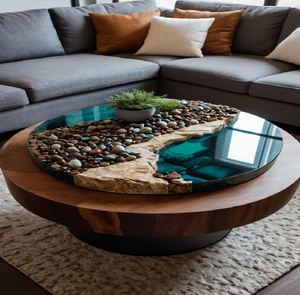 Esta moderna mesa redonda de resina presenta una combinación perfecta de formas de madera orgánica y relleno azul, disponible a precios de mayorista. - Product Image 1