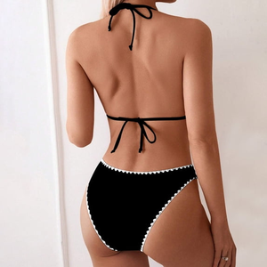 Women's Two Piece Bikini Set Halter Neckline Solid Color Contrast Binding Stretch Swimwear Lace Trim Hipster Bottoms Front <b>Tummy</b> - Product Image 4