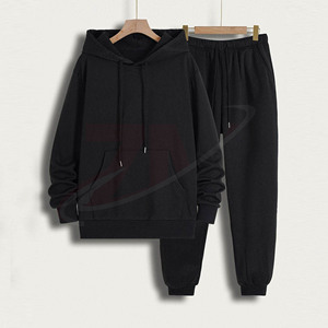 Conjunto Deportivo Unisex Negro 100% Algodón, Sudadera con Capucha y Cordón Ajustable, Bolsillos Laterales, Corte Holgado Informal para Otoño - Product Image 1