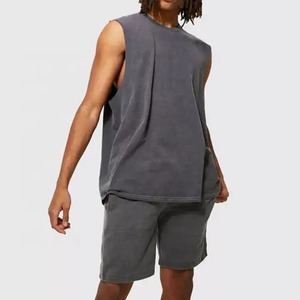 Men's Solid Color 100% Cotton Sleeveless Tank Top Acid Wash Board <b>Shorts</b> Set Casual Breathable Woven Vintage Streetwear Outfit - Product Image 3