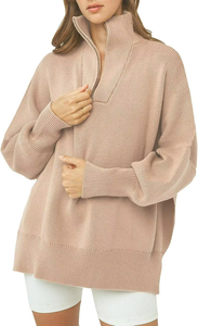 Suéter ajustado a la cintura para mujer, suéter de punto acanalado holgado e informal con cremallera y manga larga para otoño - Product Image 3
