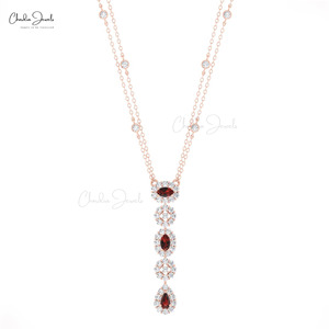 Collier Lariat Tendance en Or Massif 14 carats avec Grenat et Diamant Naturels Sertis à Griffes 5x3mm, Fait Main, Longue Chaîne pour Femme - Product Image 3
