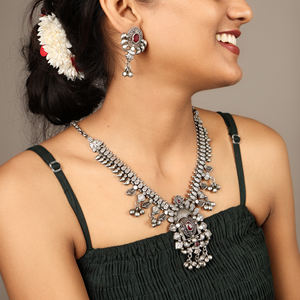 Traditional Brass Antique Silver Plated Bohemian Engagement Wedding Gift Necklace Set with <b>Garnet</b> & Matching <b>Earrings</b> - Product Image 1