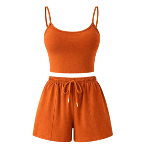 Conjunto de 2 Piezas para Mujer, Color Naranja, Top Corto sin Mangas con Cordón Ajustable y Pantalones Cortos, Tejido Sólido y Transpirable, Ropa Casual de Primavera/Verano - Product Image 1