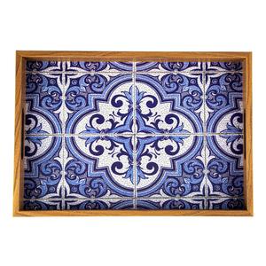 Plateau décoratif rectangulaire imprimé motif azulejo bleu et blanc, plateau de service artisanal en bois de manguier pour commande en gros - Product Image 1