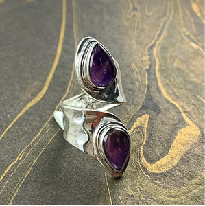 Dainty Double Amethyst <b>Ring</b> 925 Sterling <b>Silver</b> Sleek <b>Adjustable</b> Bypass Wide Statement Comfort Band - Product Image 2