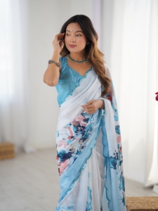 Sari indien traditionnel style été, imprimé floral, en chinnon lourd avec travail de miroir, pour femmes, tenue de soirée - Product Image 3