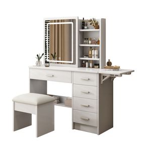 Fashionable <b>Makeup</b> <b>Vanities</b> Set with <b>Vanity</b> Desk Mirror Lights Open Shelf Chair - Product Image 4